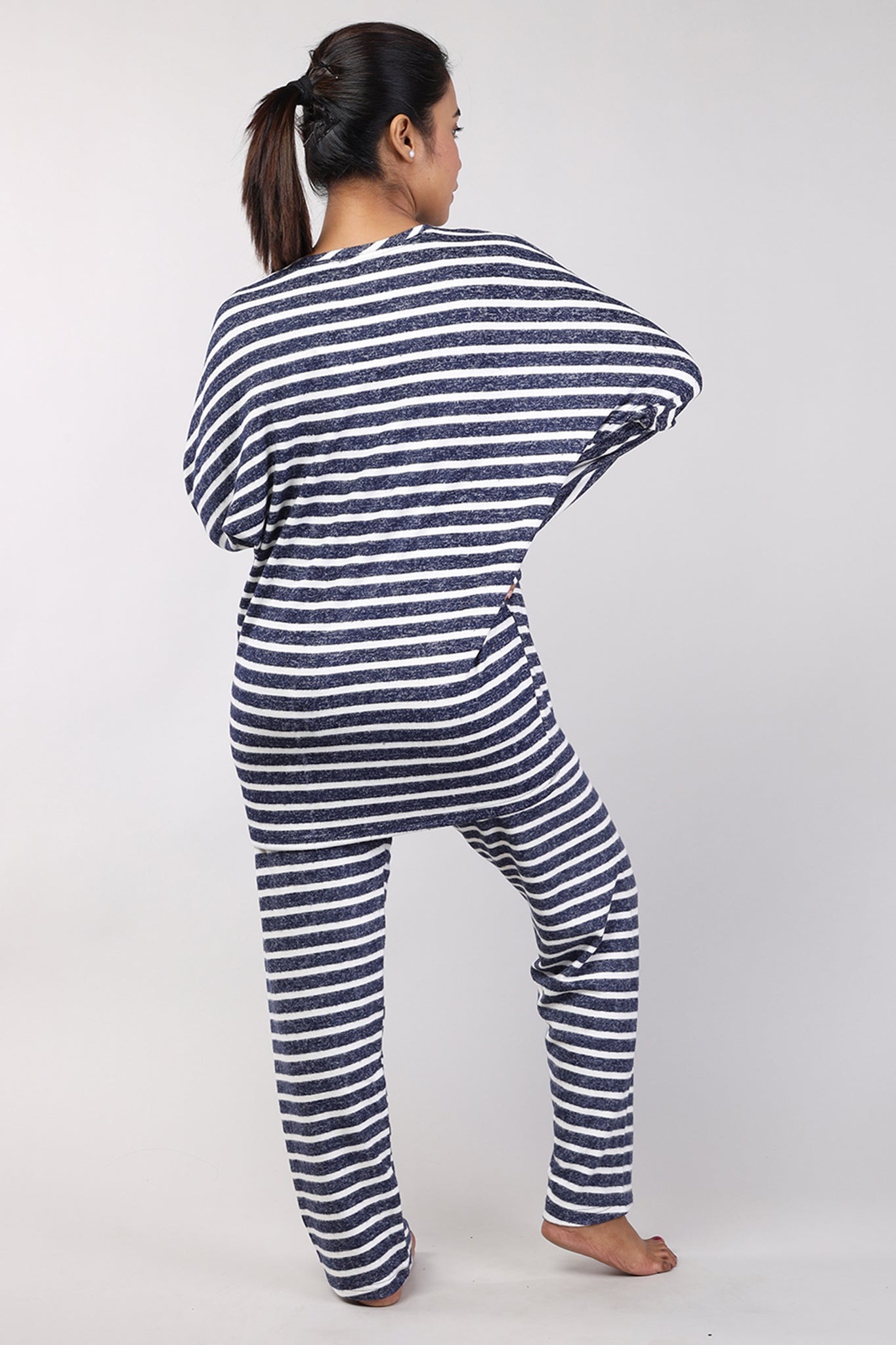 Women Navy Blue Cotton Jersey Top And Pyjama Set