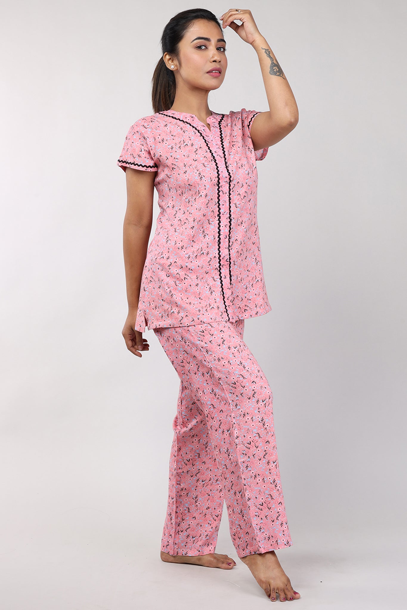 Woman Peach Floral Print Cotton Rayon Nightsuit