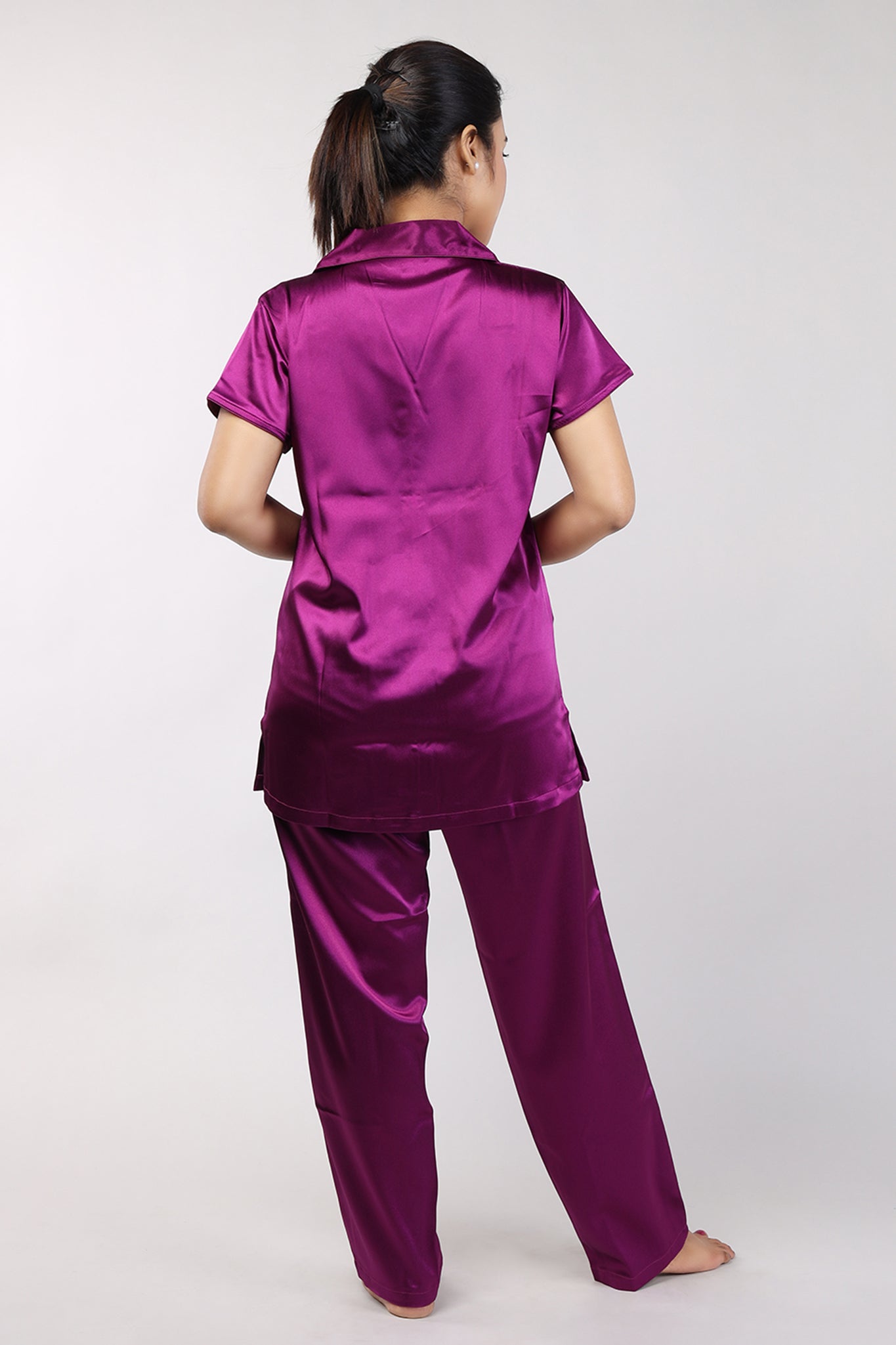 Women Purple Plain Satin Night Suit