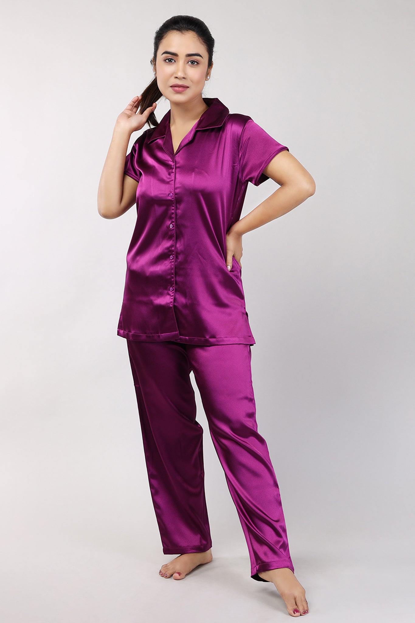 Women Purple Plain Satin Night Suit