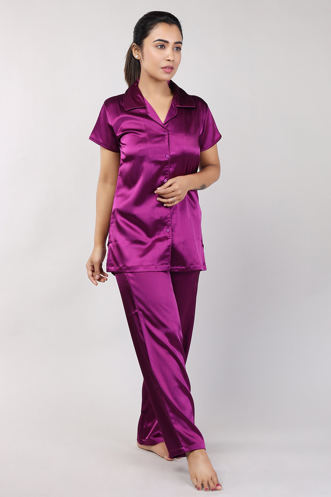 Women Purple Plain Satin Night Suit