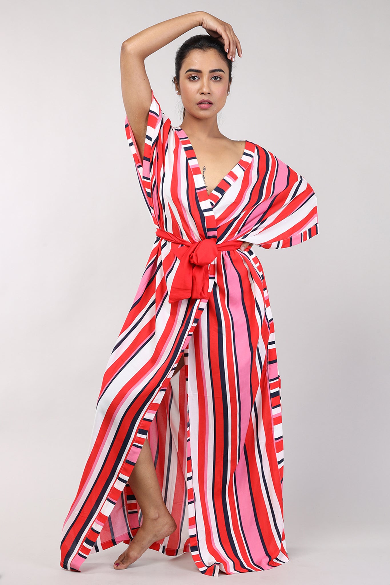 Women Multi-Colour Stripe Rayon House Coat