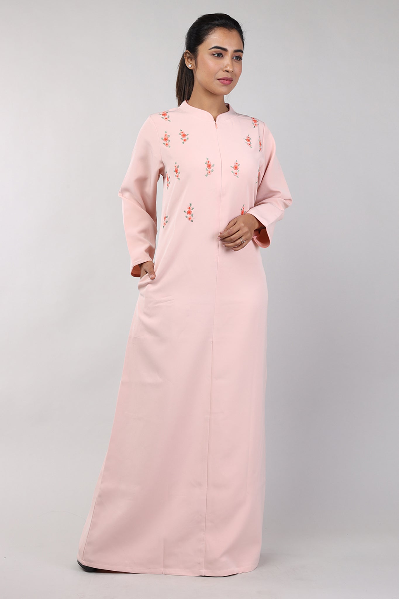 Women Peach Hand Embroidery Winter Nighty