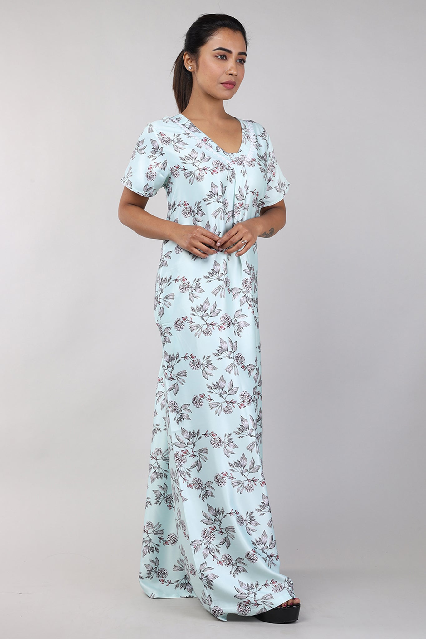 Women Pastel Green Floral Print Satin Nighty