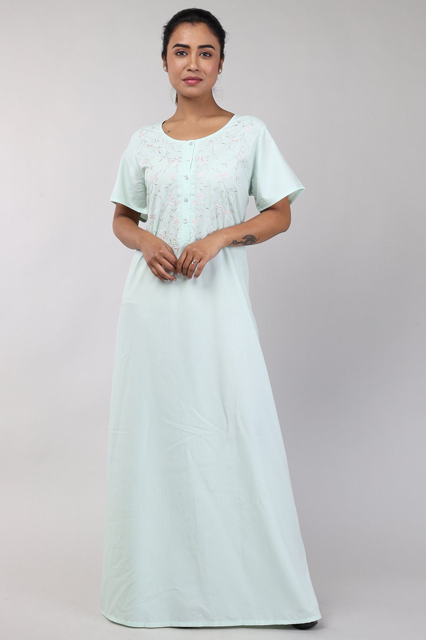 Women Plain Light Green Bizzy Lizzy Cotton Nighty