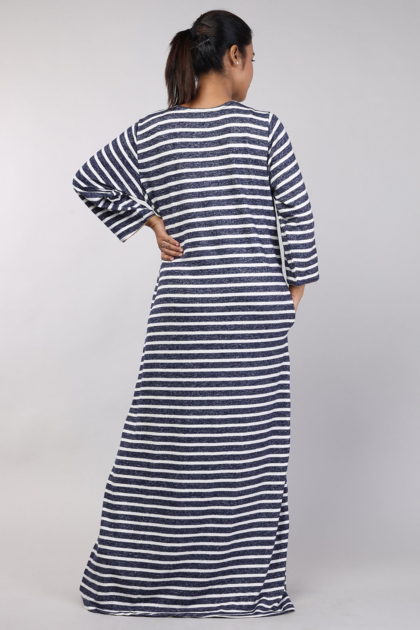 Women Navy Blue Stripes Hand Embroidery Knitted Winter Nighty