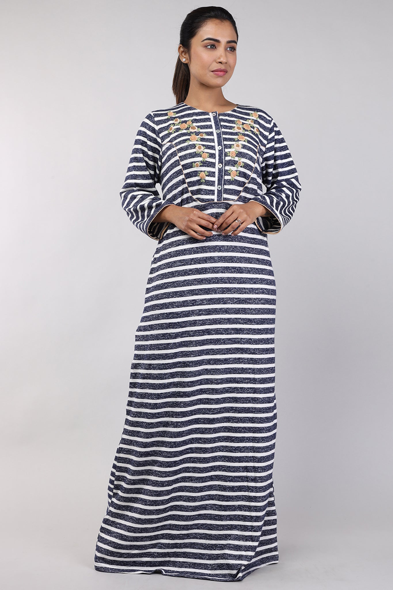 Women Navy Blue Stripes Hand Embroidery Knitted Winter Nighty