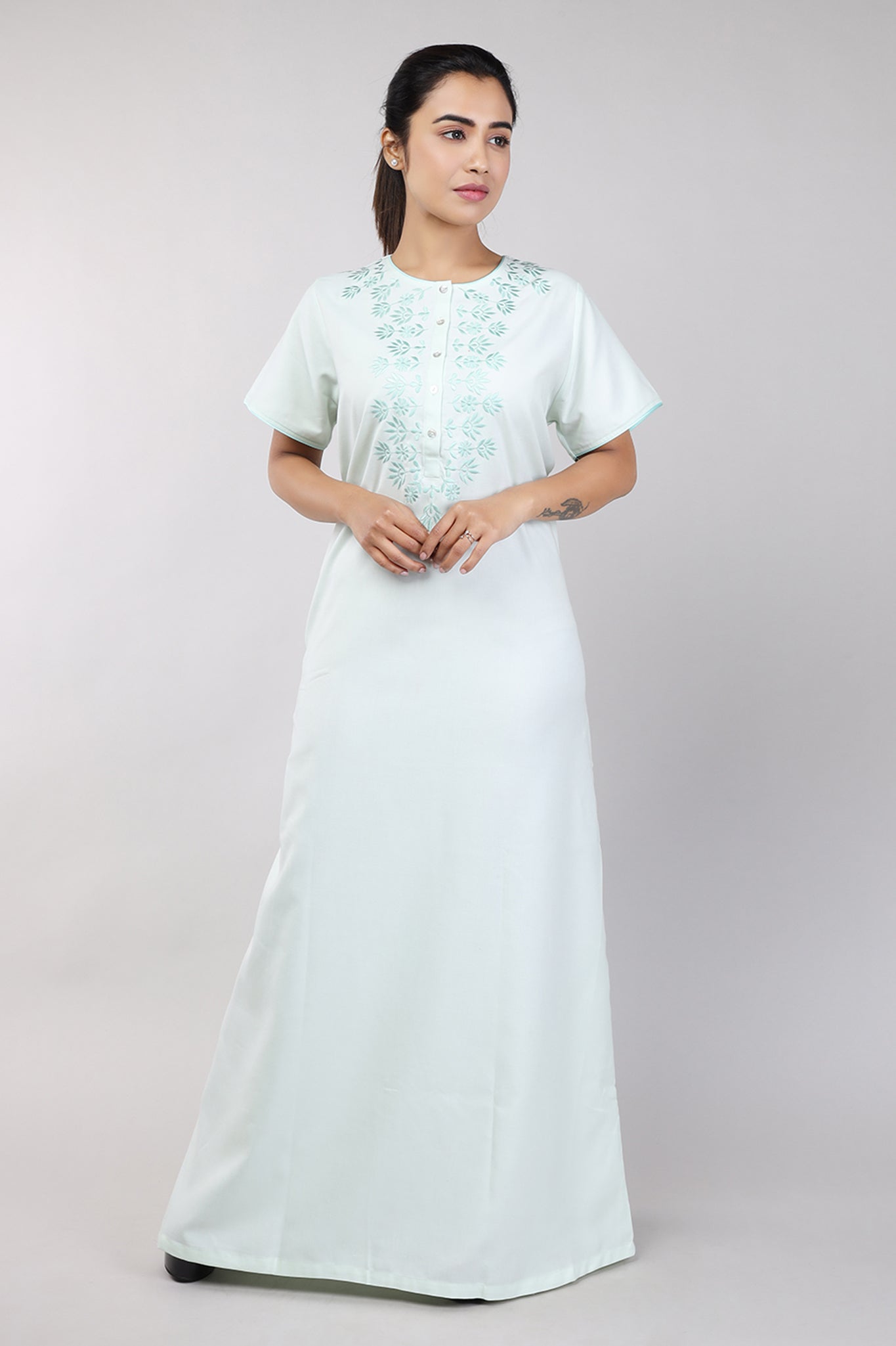 Women Light Green Machine Embroidery Spun Cotton Nighty