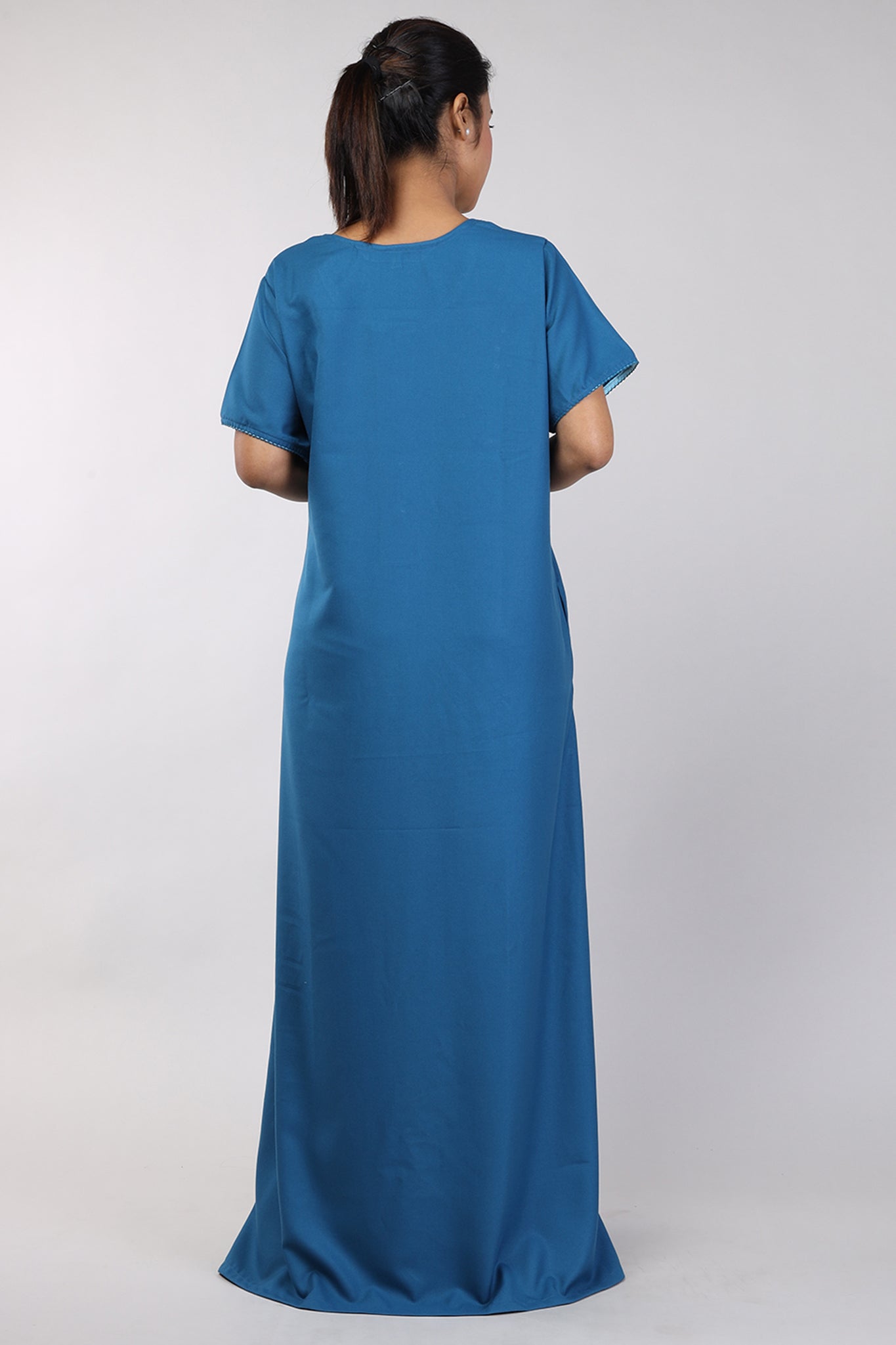 Women Teal Blue Machine Embroidery Spun Cotton Nighty
