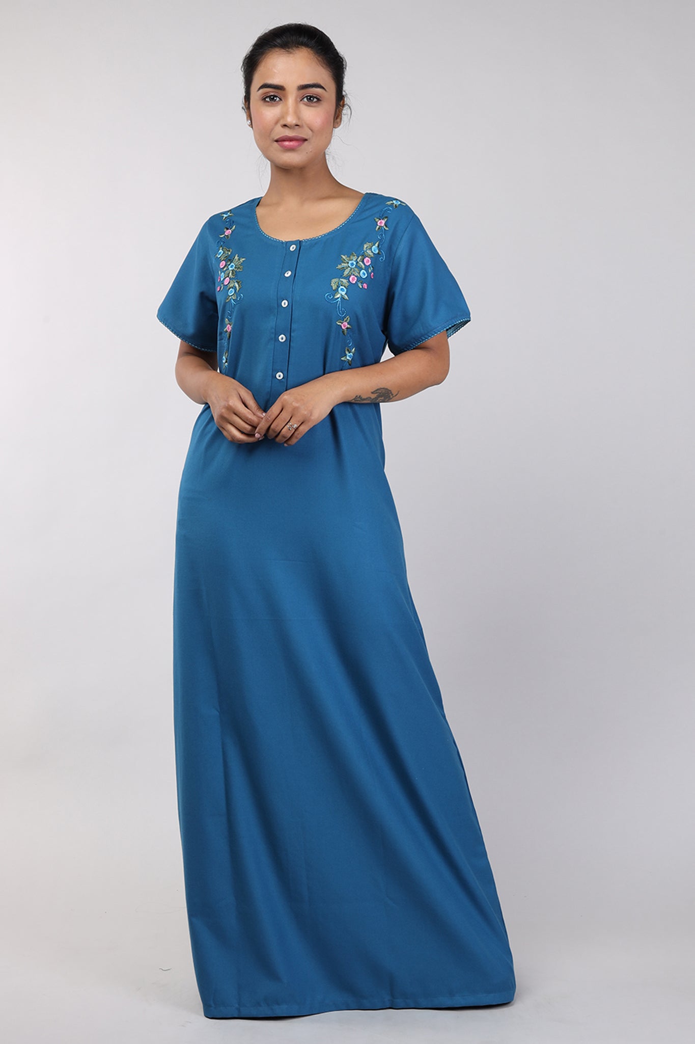 Women Teal Blue Machine Embroidery Spun Cotton Nighty