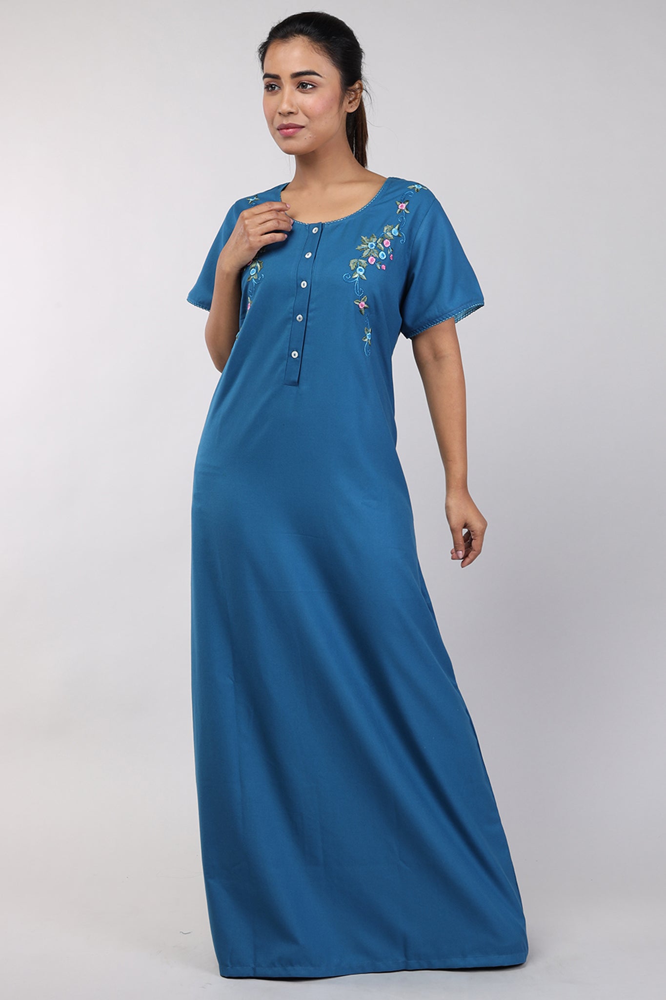 Women Teal Blue Machine Embroidery Spun Cotton Nighty