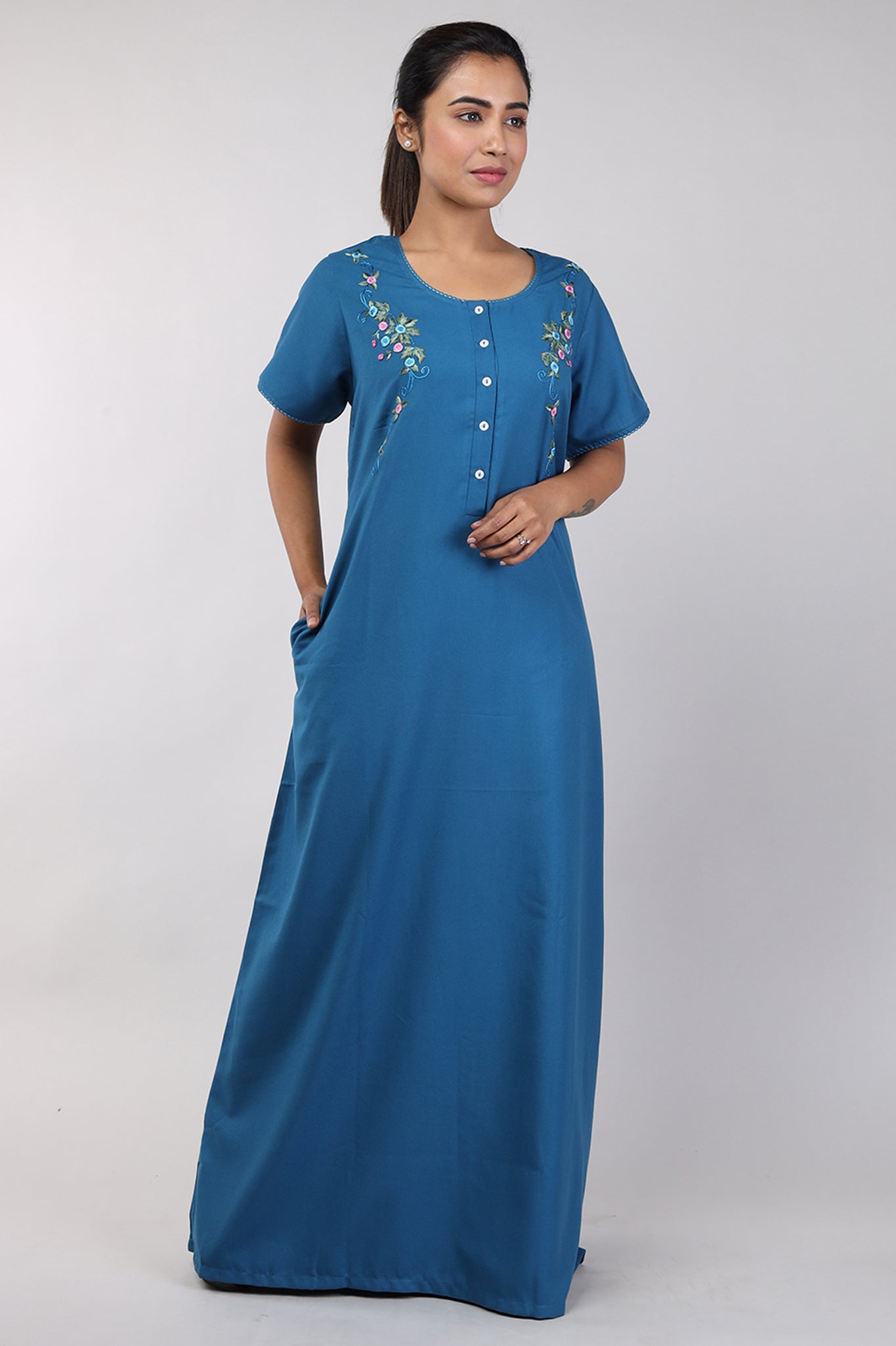 Women Teal Blue Machine Embroidery Spun Cotton Nighty