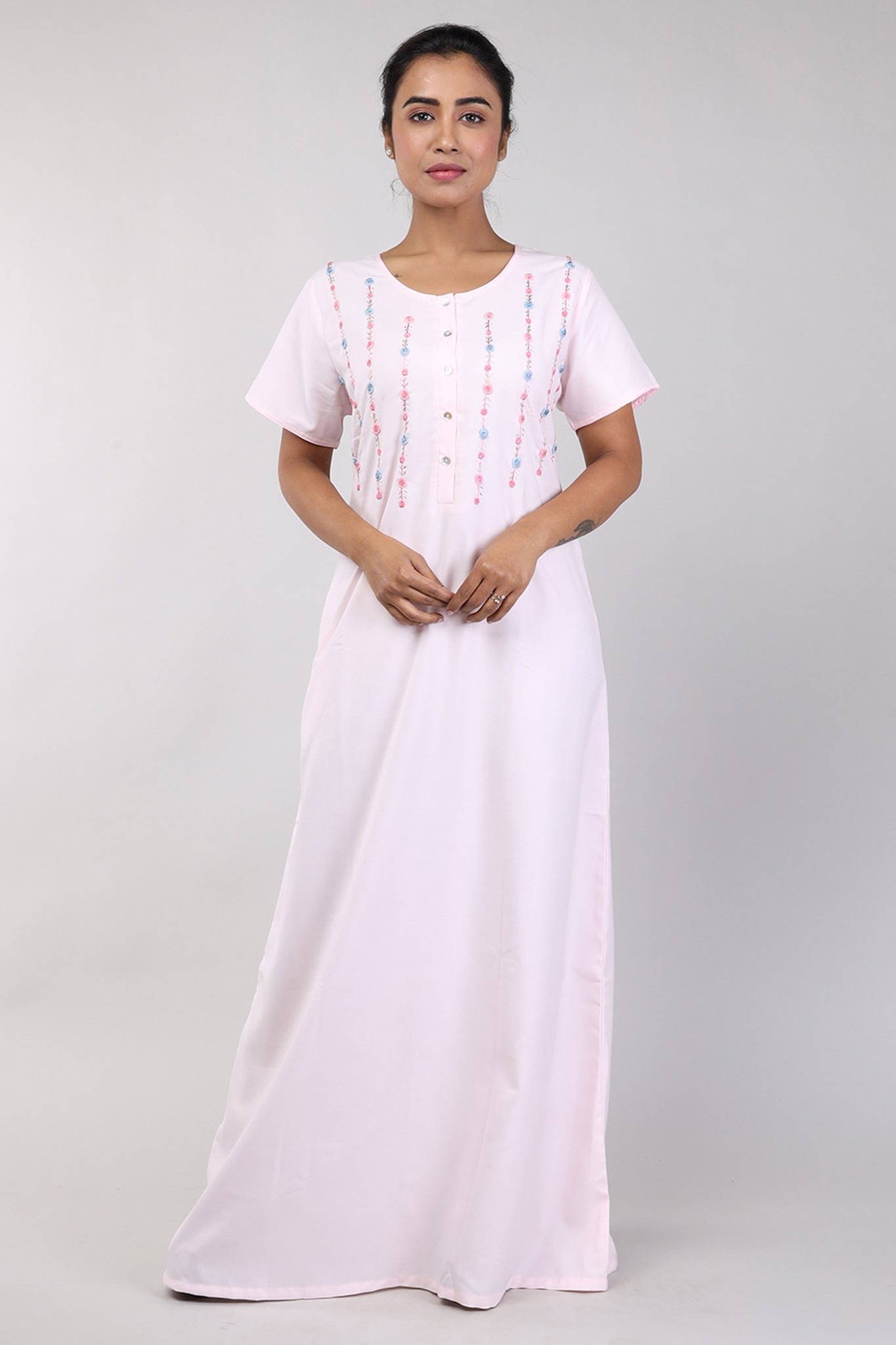 Women Light Pink Hand Embroidery Spun Cotton Nighty