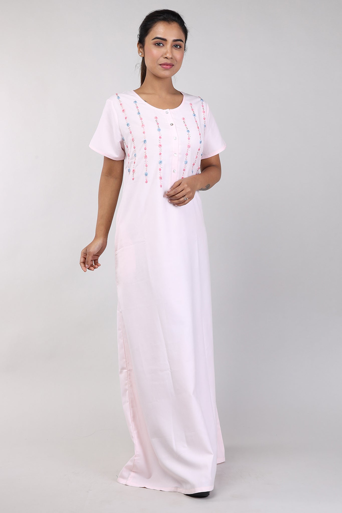 Women Light Pink Hand Embroidery Spun Cotton Nighty