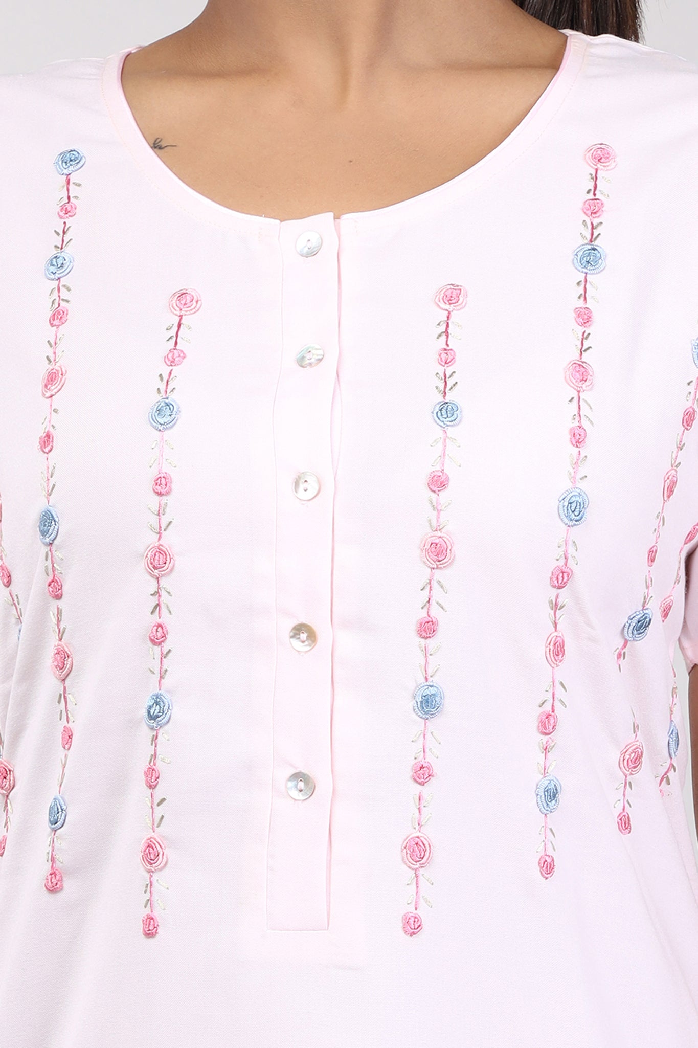 Women Light Pink Hand Embroidery Spun Cotton Nighty