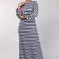 Women Navy Blue Stripes Machine Embroidery Knitted Winter Nighty