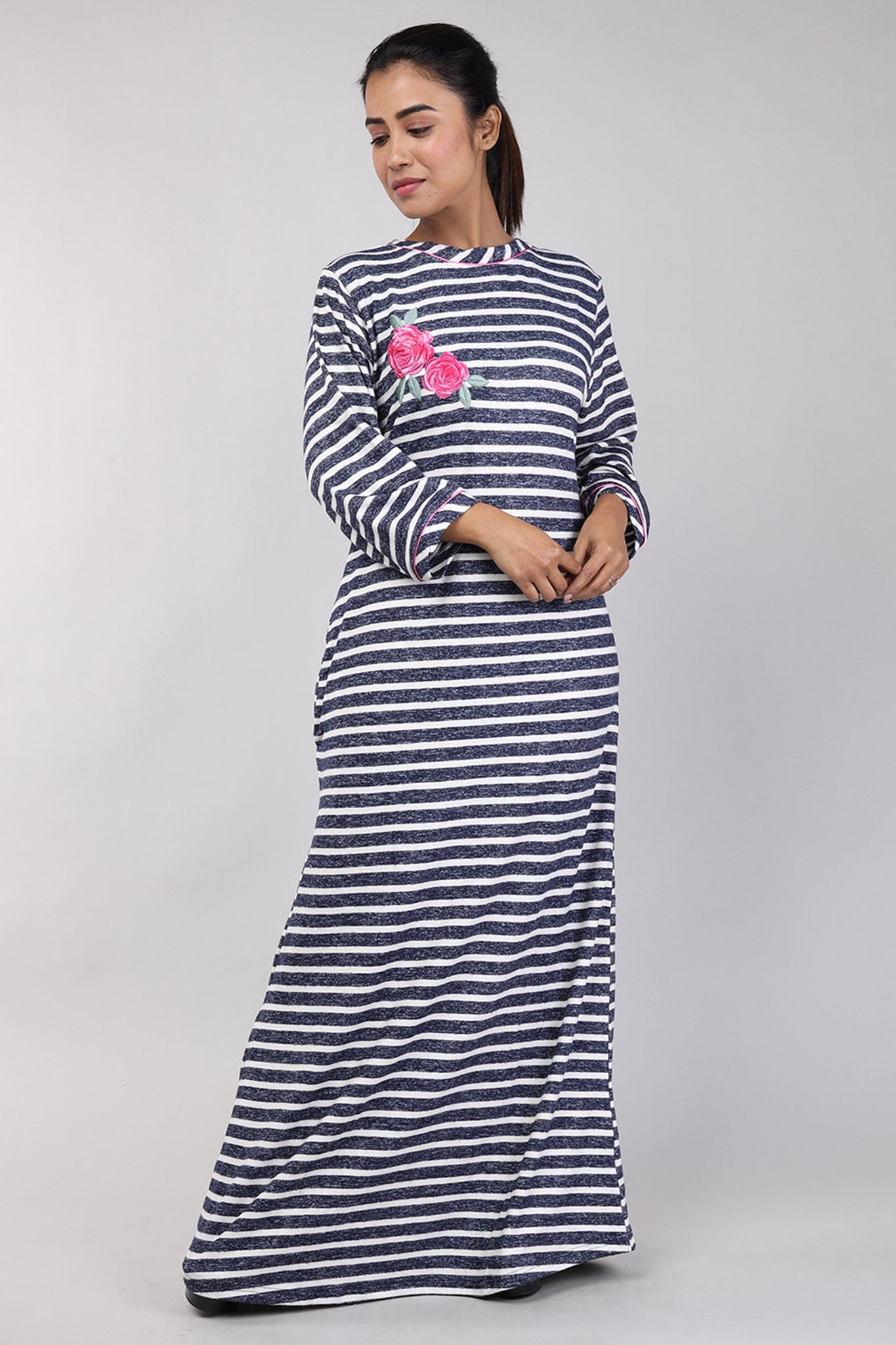 Women Navy Blue Stripes Machine Embroidery Knitted Winter Nighty