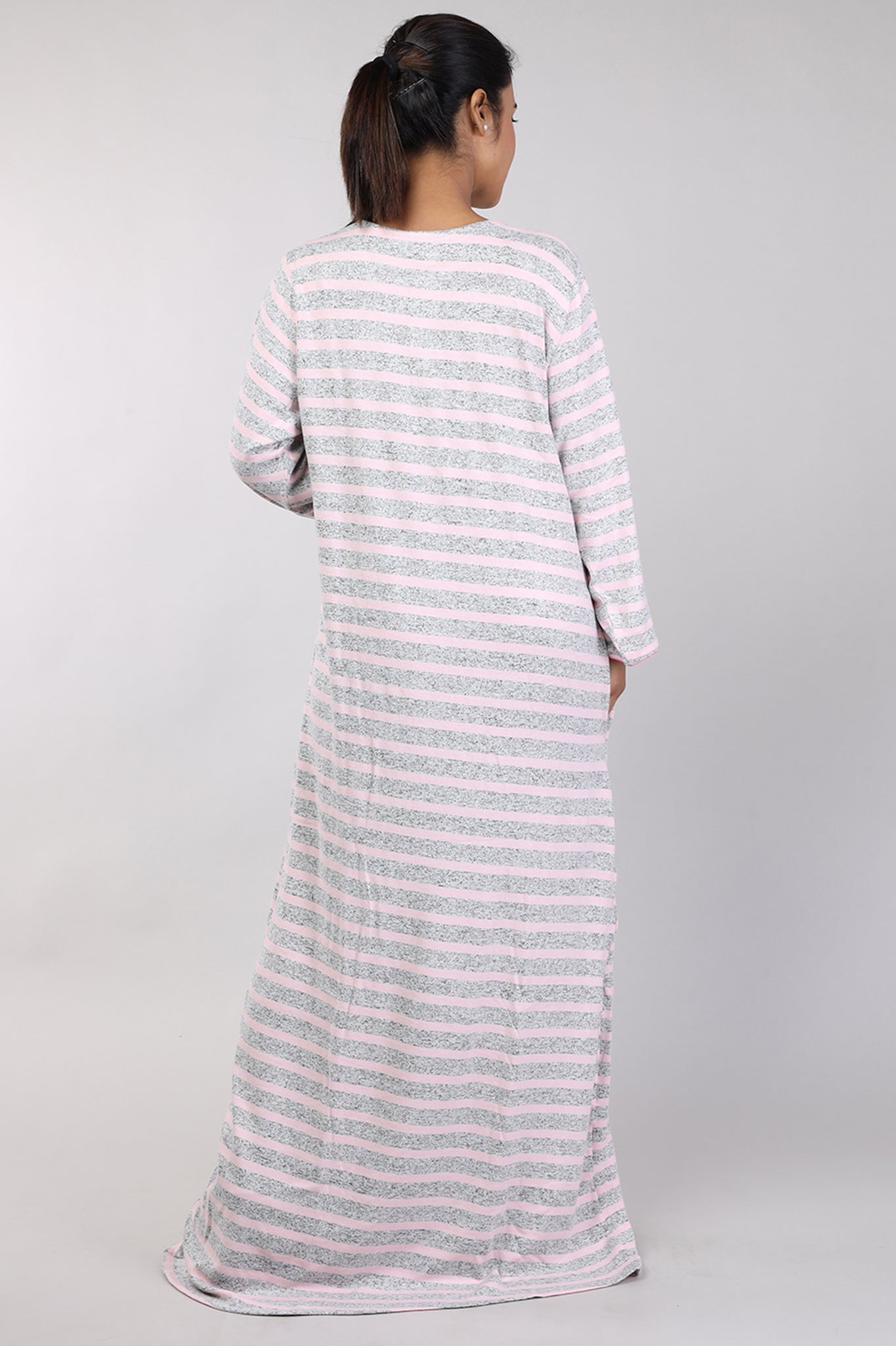 Women Pink Stripes Hand Embroidery Knitted Winter Nighty