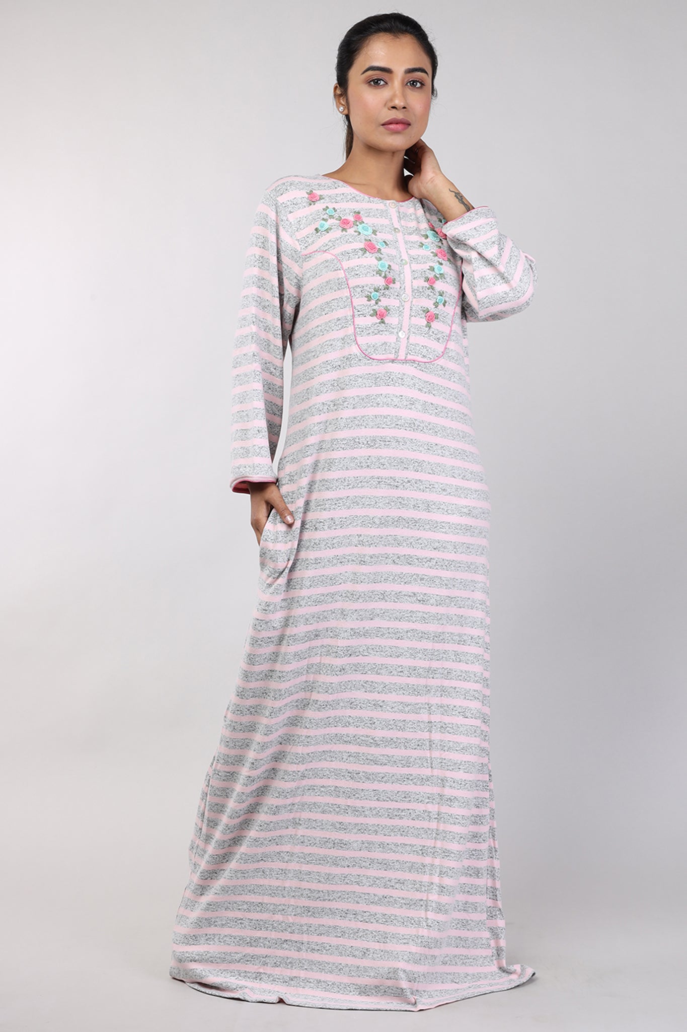 Women Pink Stripes Hand Embroidery Knitted Winter Nighty