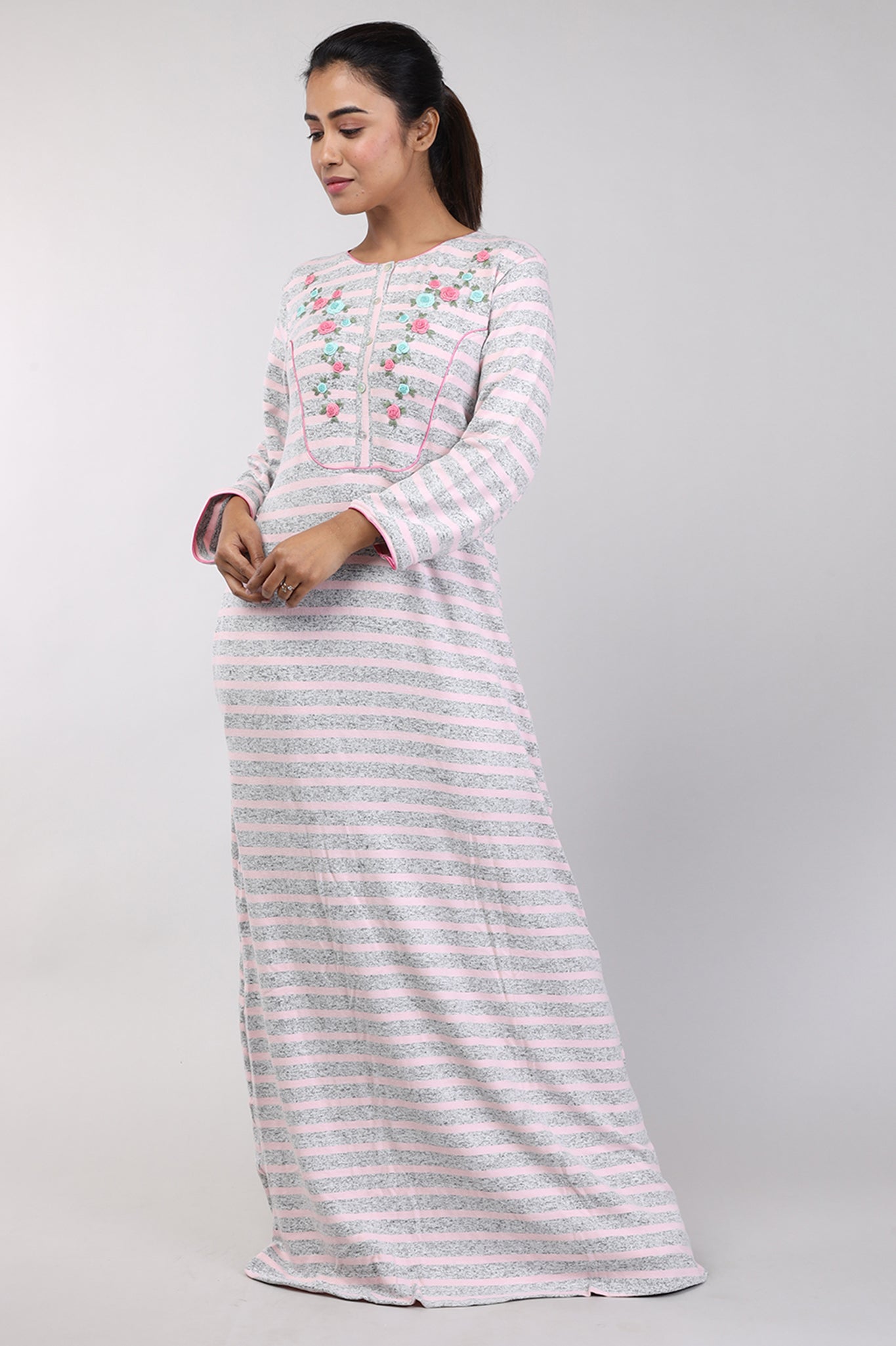 Women Pink Stripes Hand Embroidery Knitted Winter Nighty