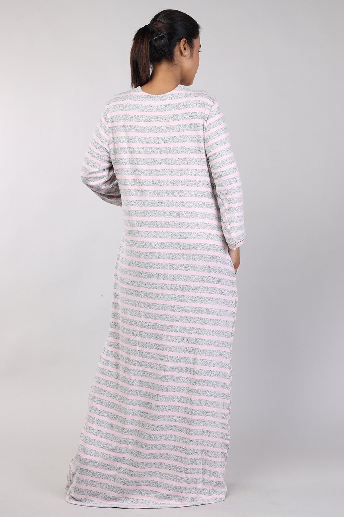 Women Pink Stripes Machine Embroidery Knitted Winter Nighty