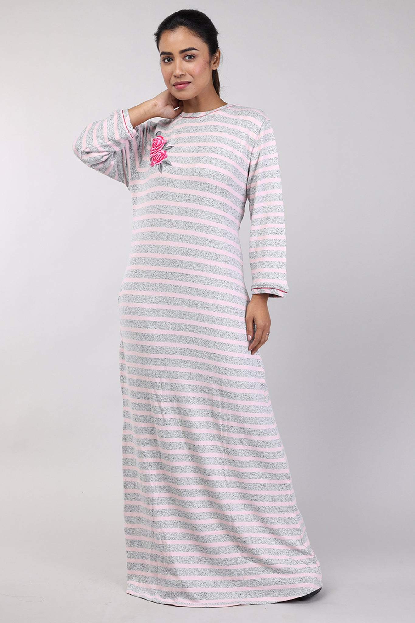 Women Pink Stripes Machine Embroidery Knitted Winter Nighty