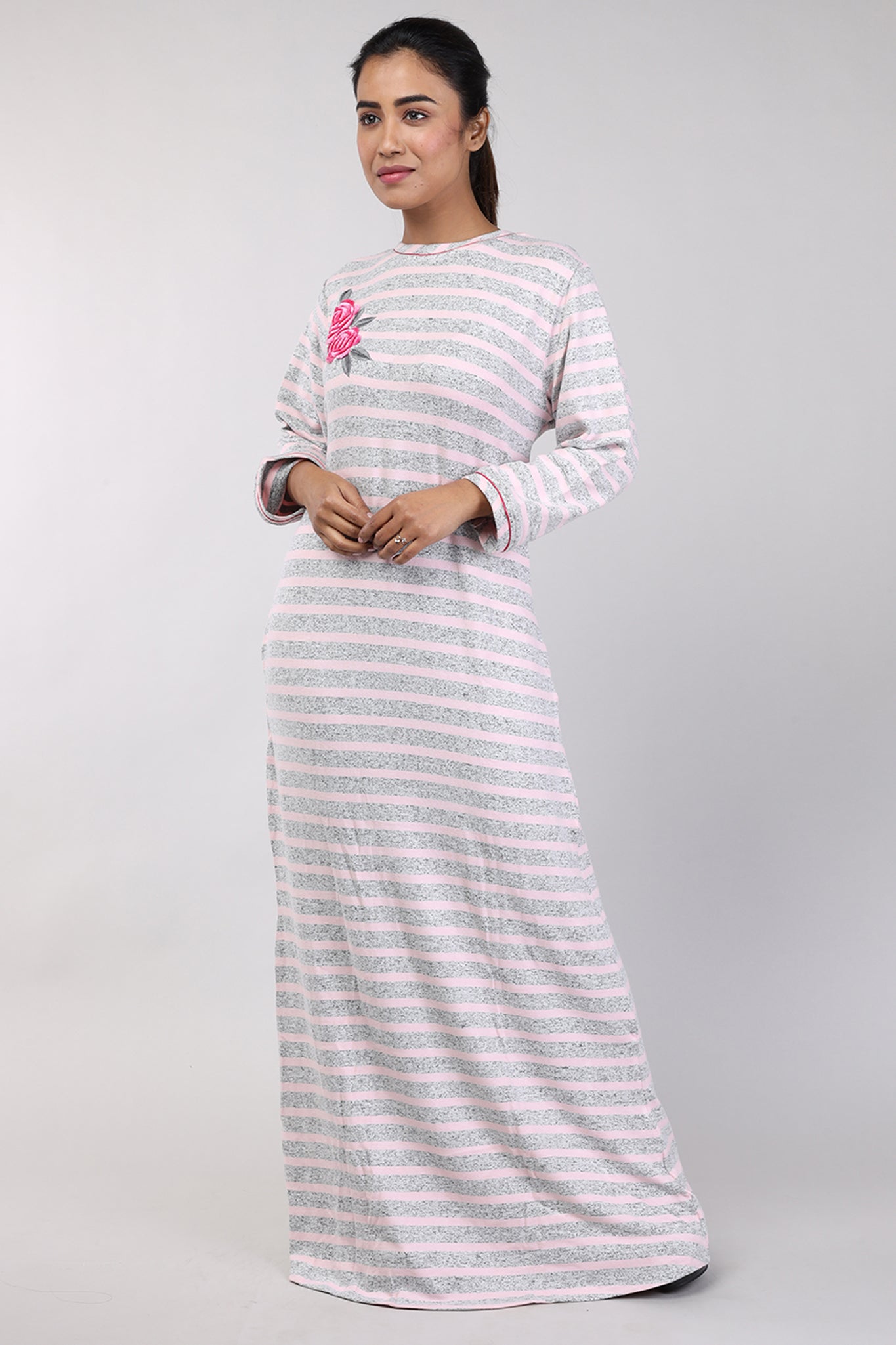 Women Pink Stripes Machine Embroidery Knitted Winter Nighty