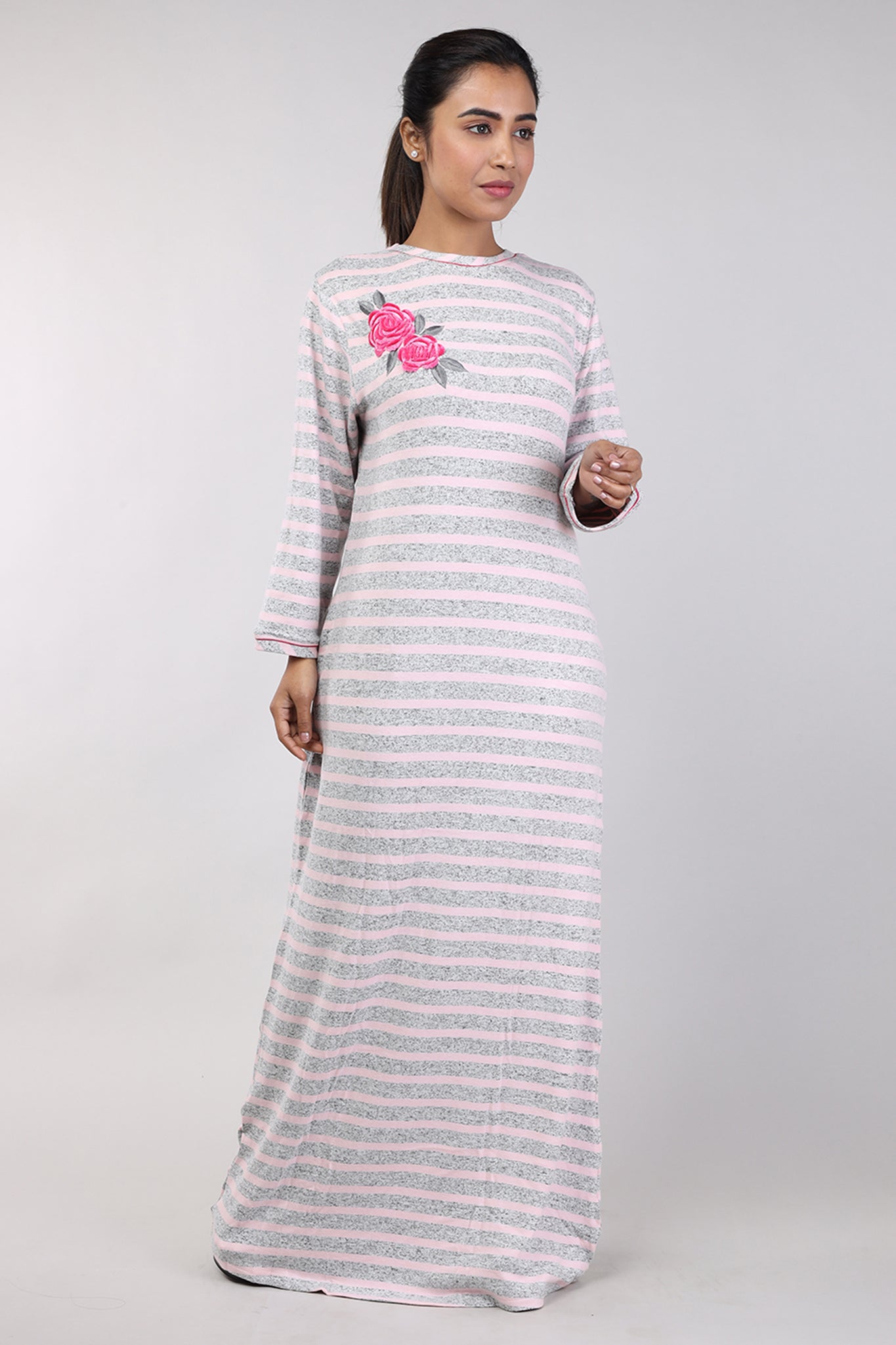 Women Pink Stripes Machine Embroidery Knitted Winter Nighty