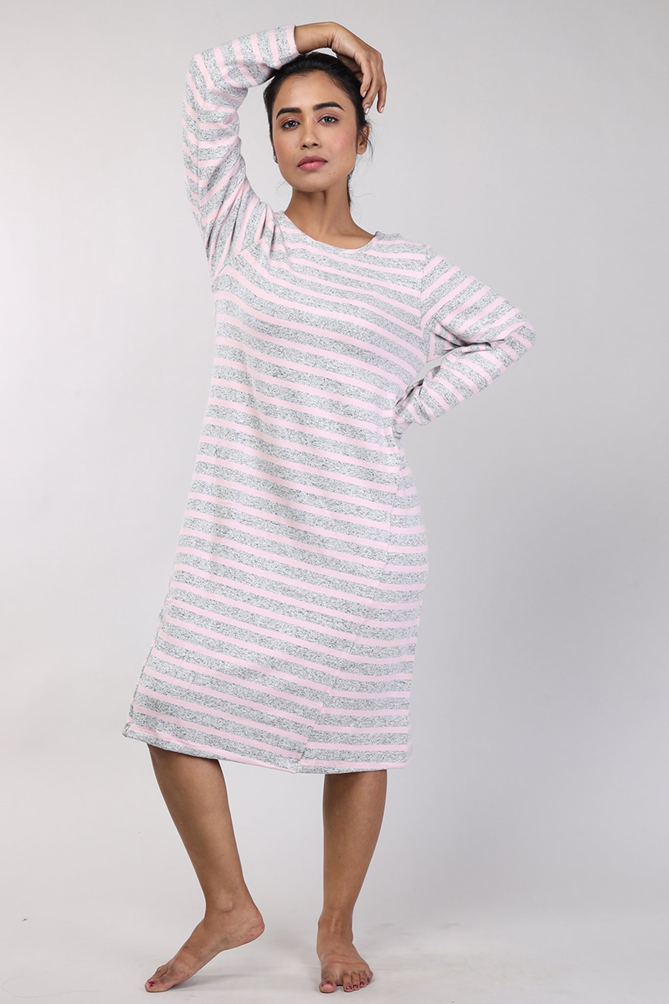 Women Pink Stripes Knitted Winter Night Shirt