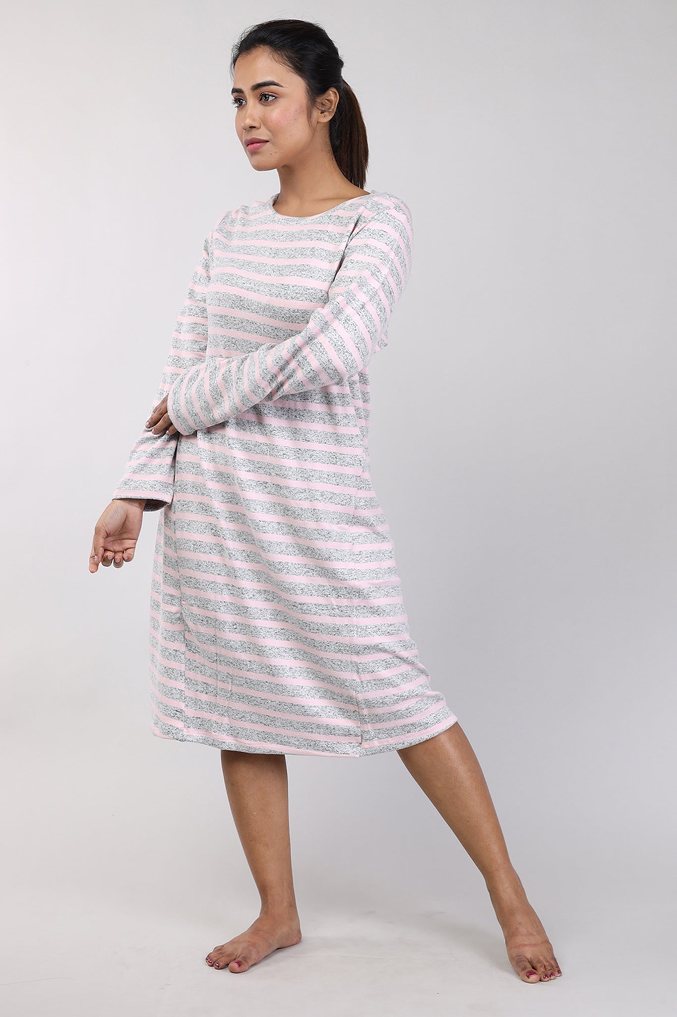 Women Pink Stripes Knitted Winter Night Shirt