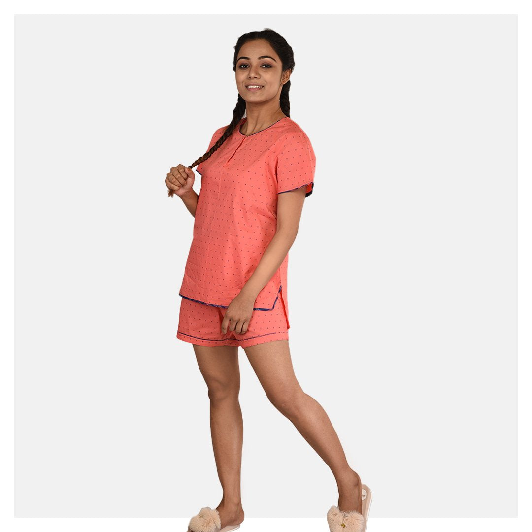 Women Orange Peachy Dots Round Neck Cotton Top and Short