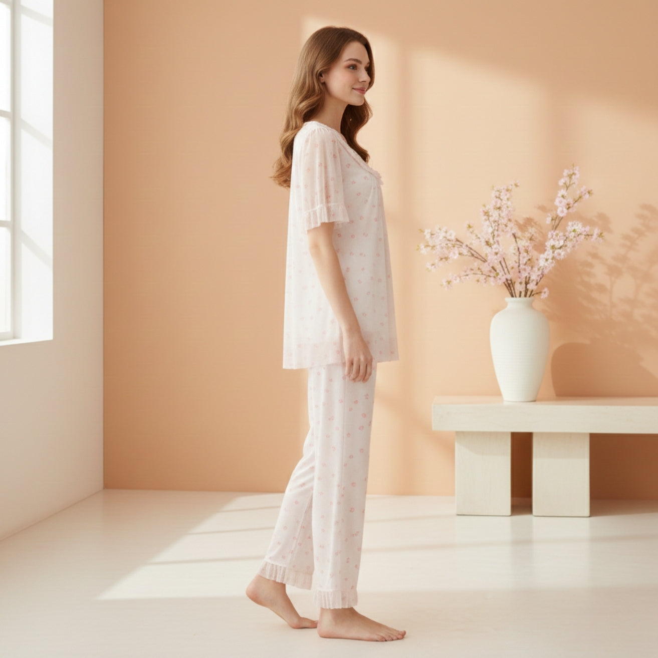 Pink Printed Net Night Suit