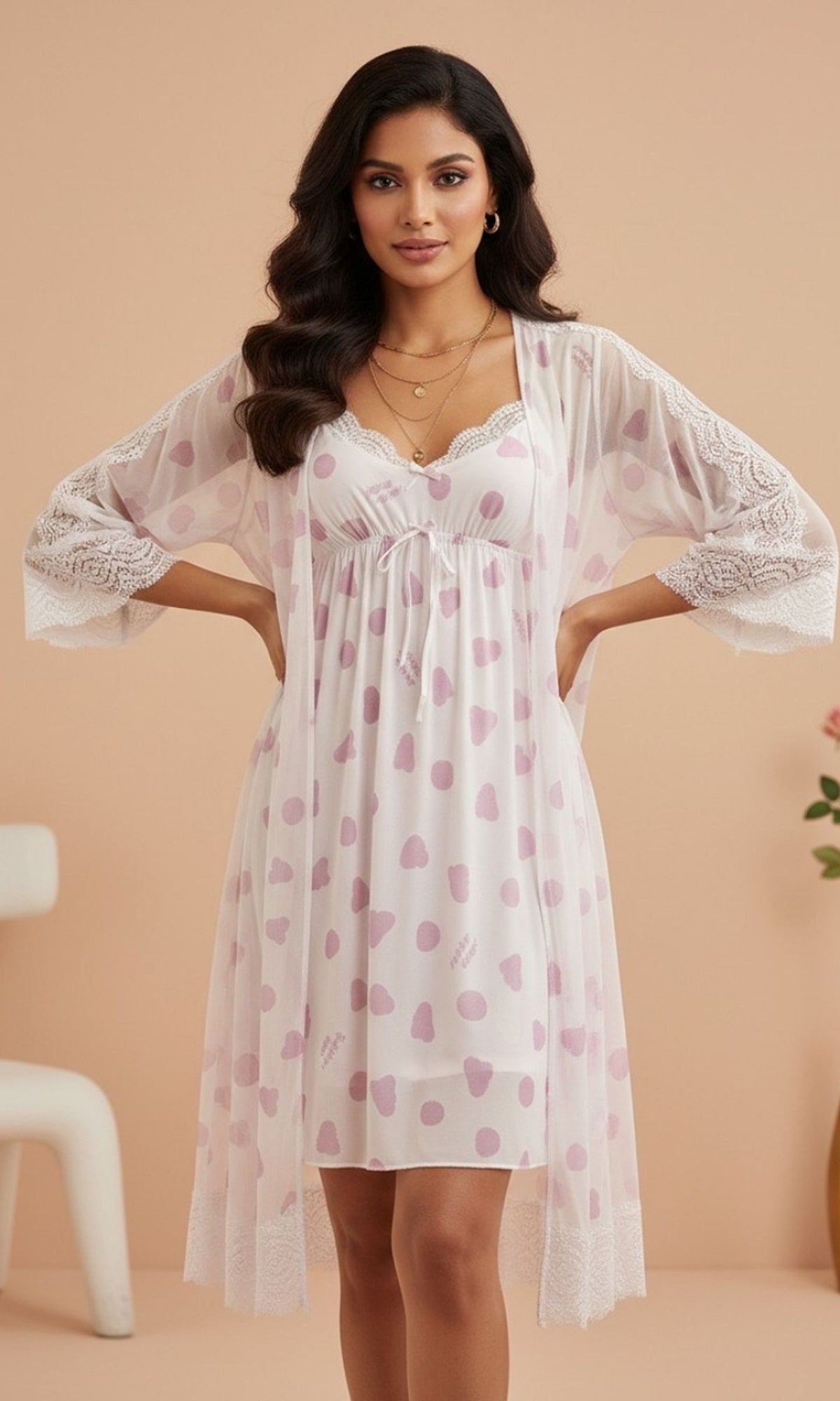 Off-White & Pink Printed Night Gown Set