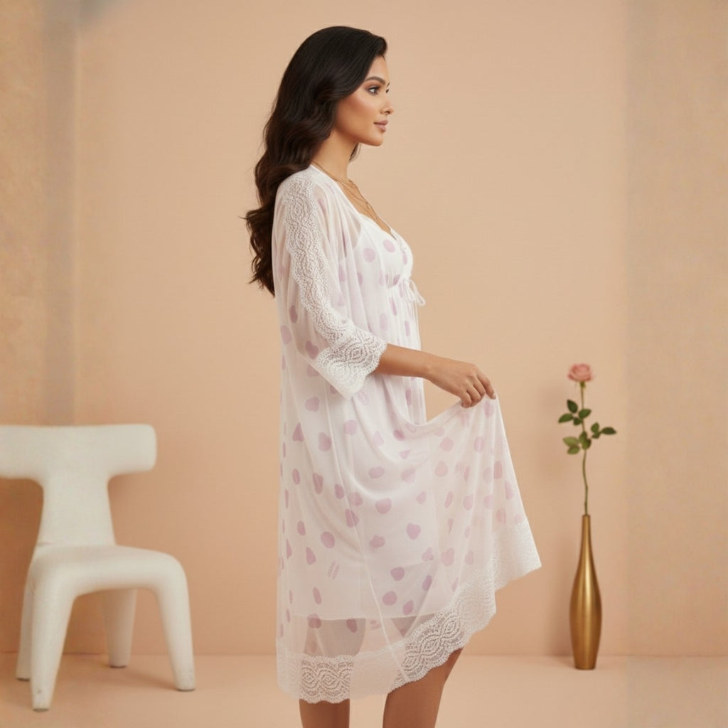 Off-White & Pink Printed Night Gown Set
