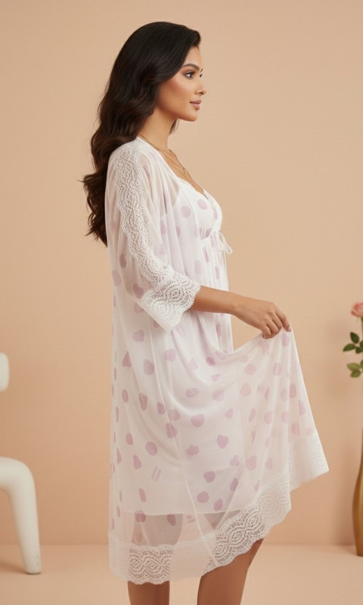 Off-White & Pink Printed Night Gown Set