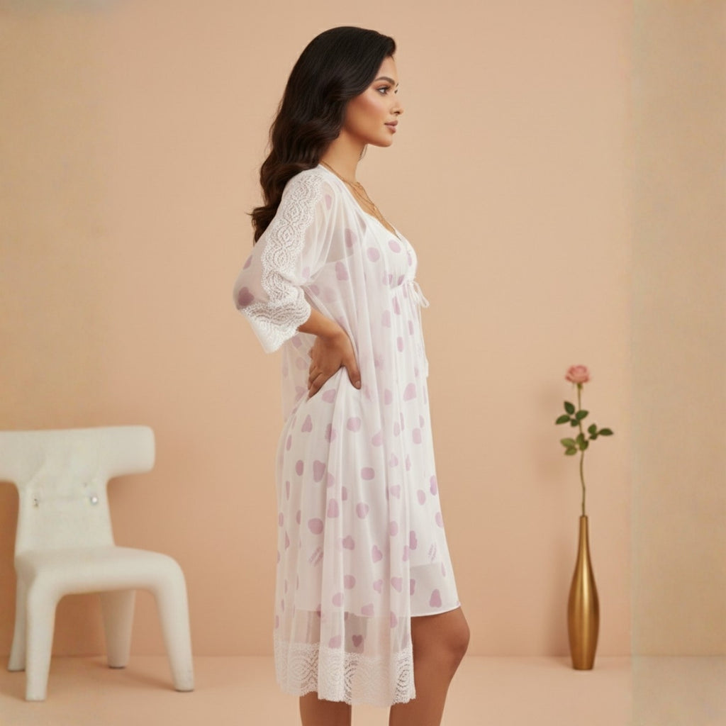 Off-White & Pink Printed Night Gown Set