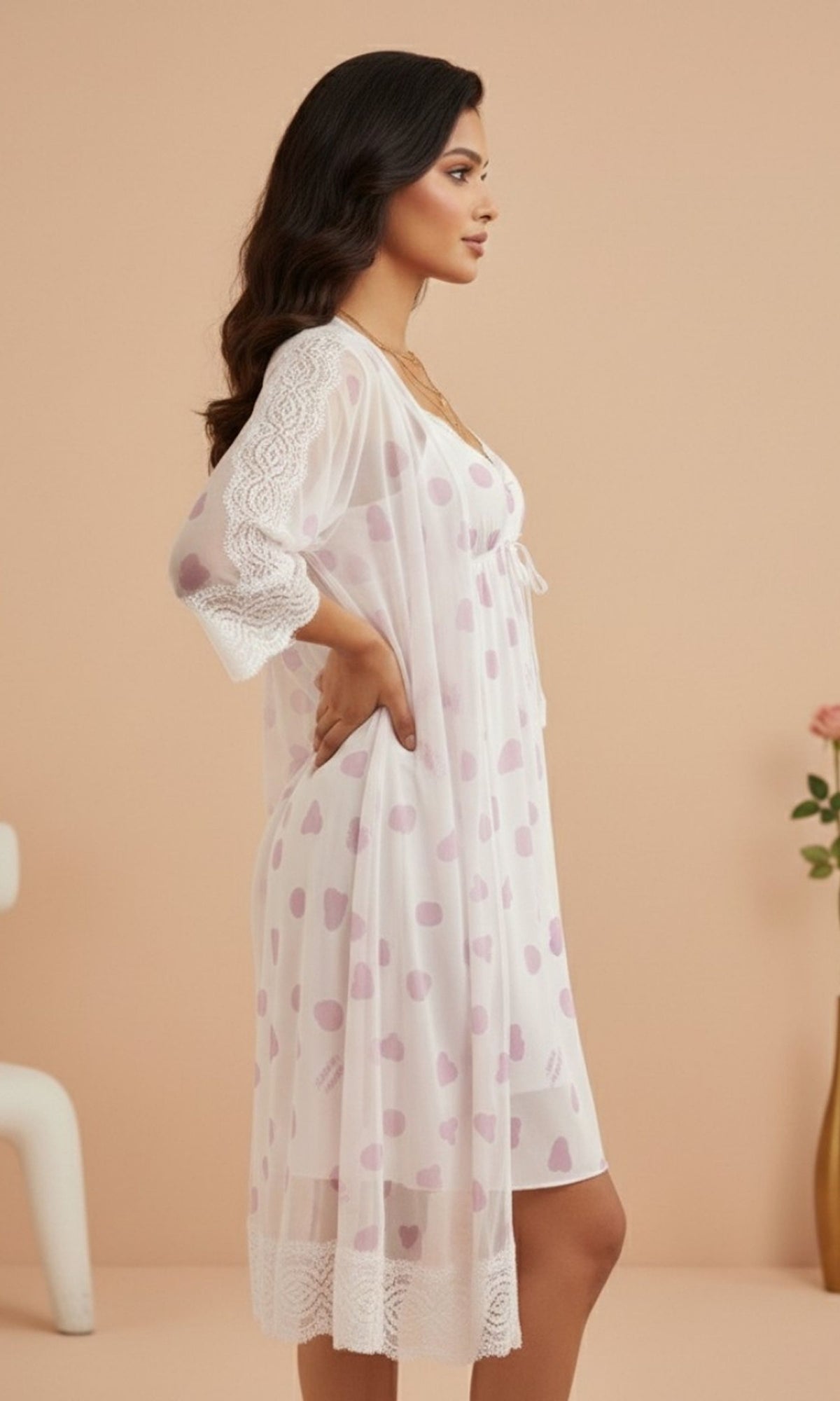 Off-White & Pink Printed Night Gown Set