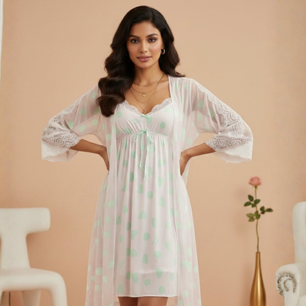 Off-White & Green Printed Night Gown Set