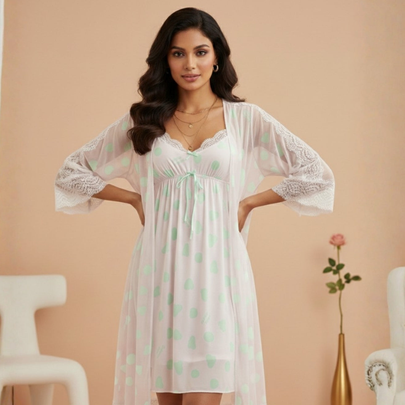 Off-White & Green Printed Night Gown Set