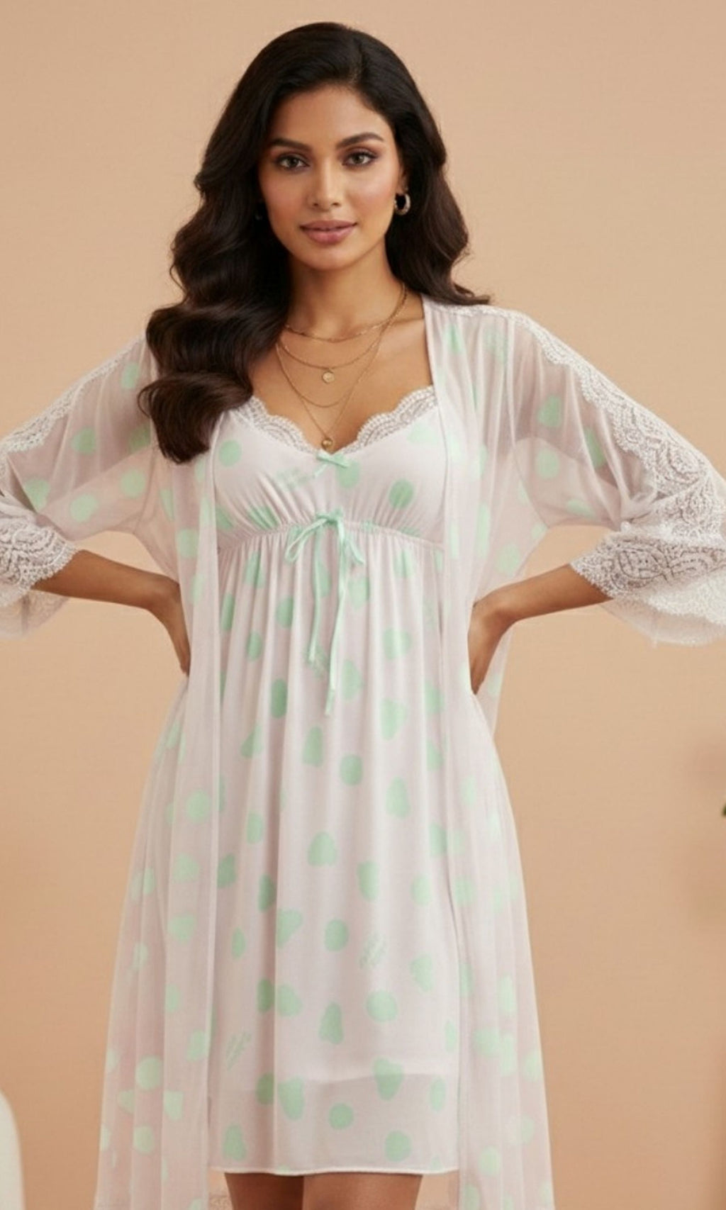 Off-White & Green Printed Night Gown Set