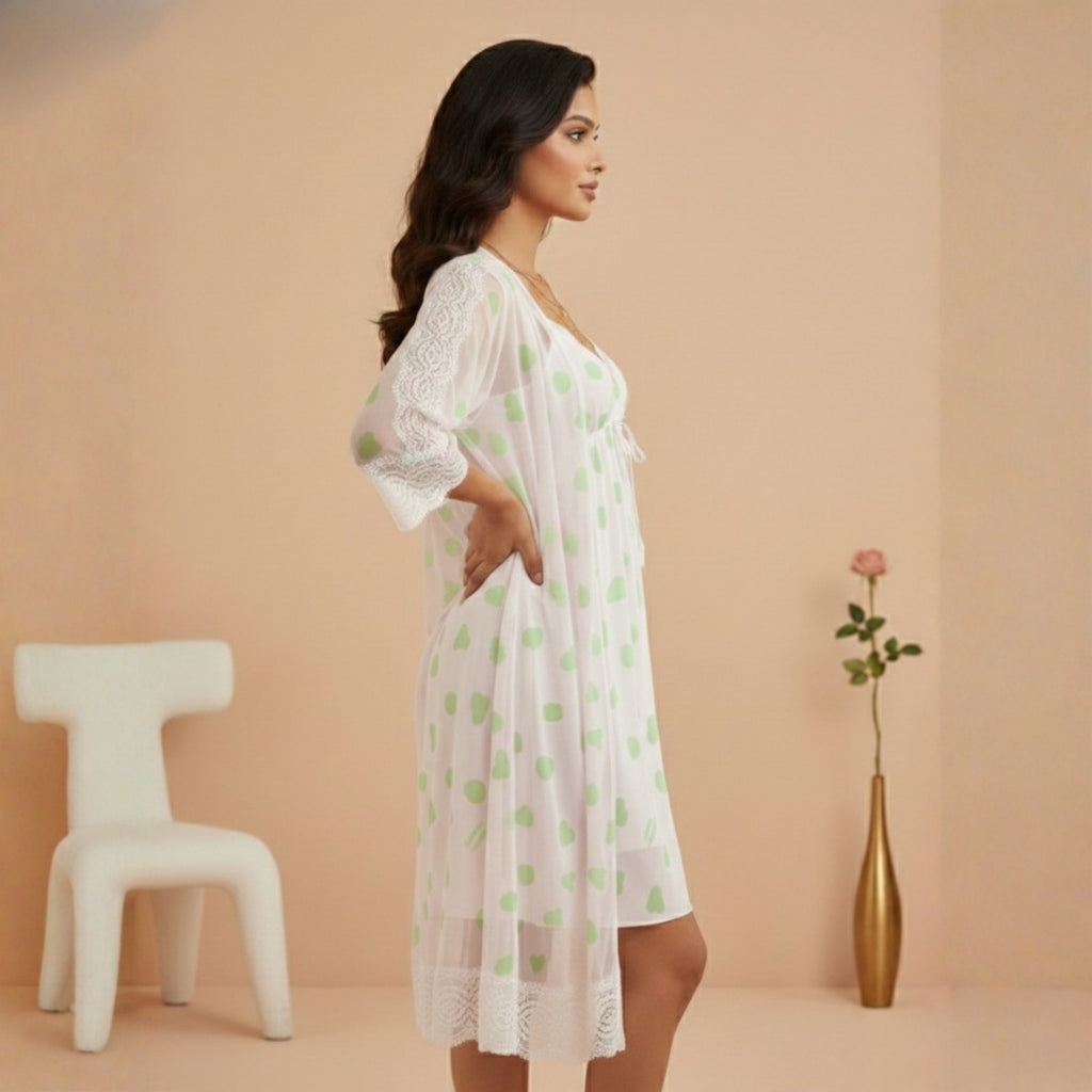 Off-White & Green Printed Night Gown Set