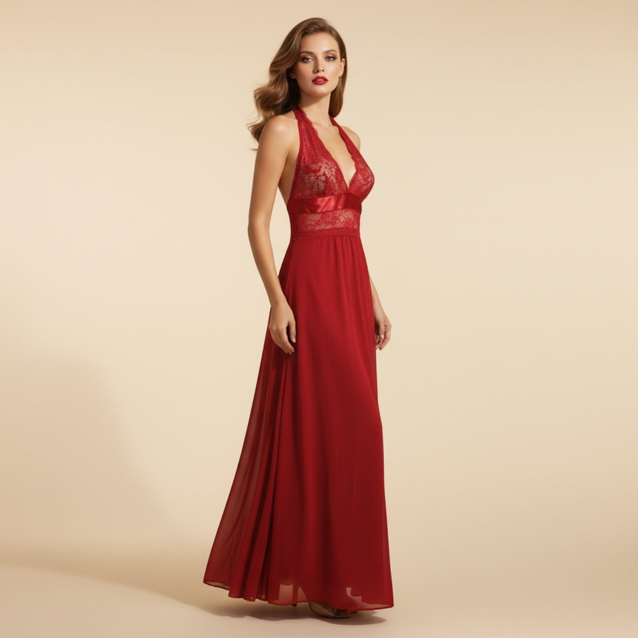 Maroon Net Long Halter Neck Nighty