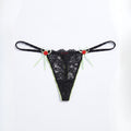 Women Black Floral Lace Decorative Rose Detail Free Size Thong Panty