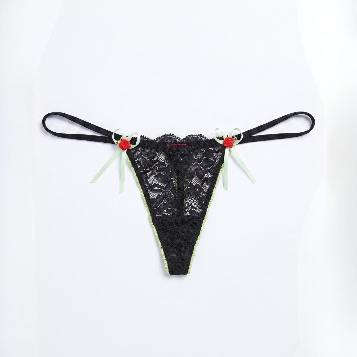 Women Black Floral Lace Decorative Rose Detail Free Size Thong Panty