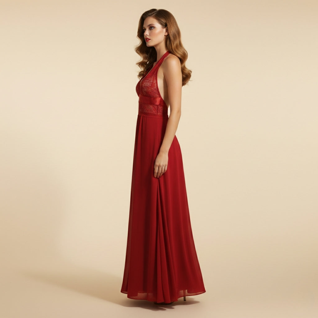 Maroon Net Long Halter Neck Nighty