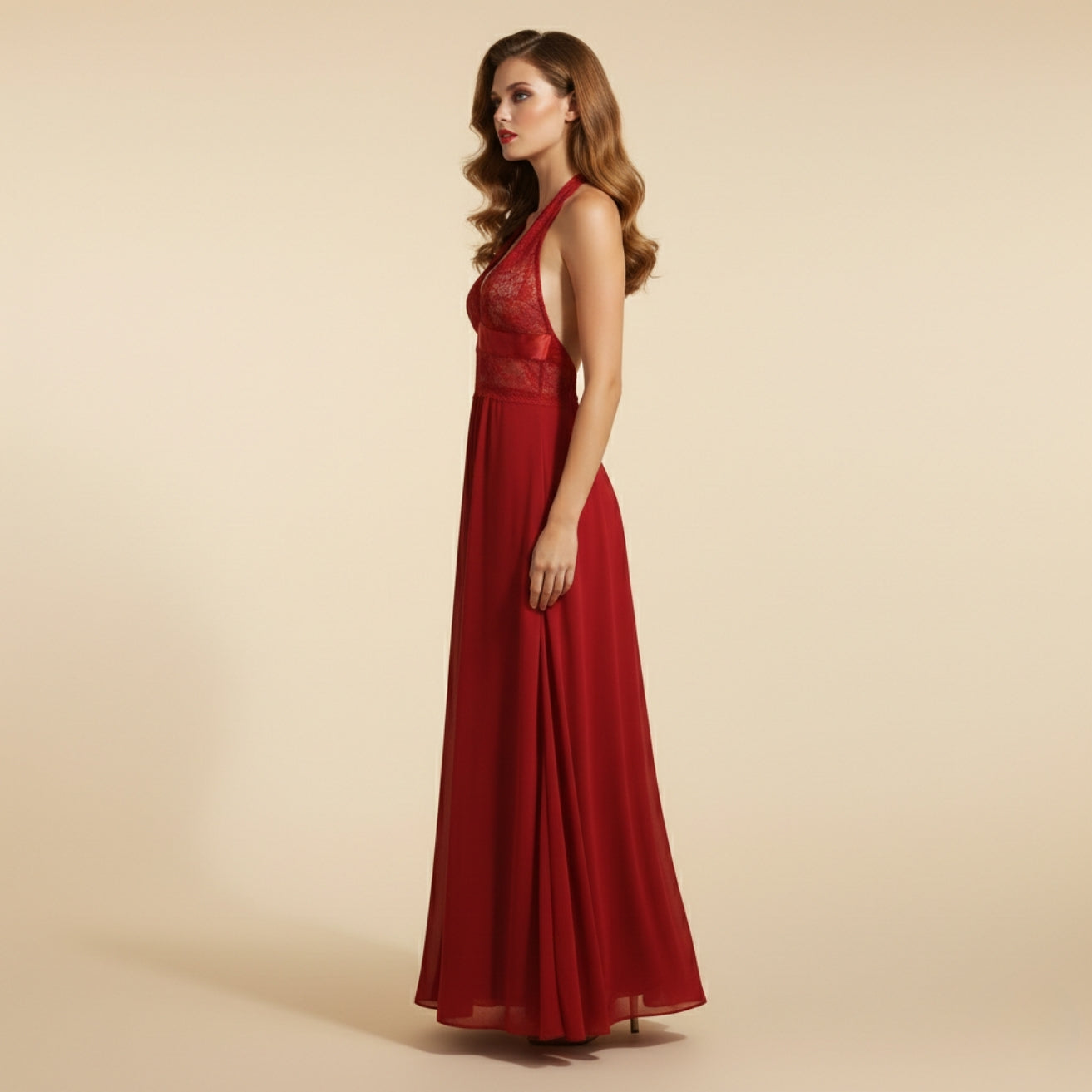 Maroon Net Long Halter Neck Nighty