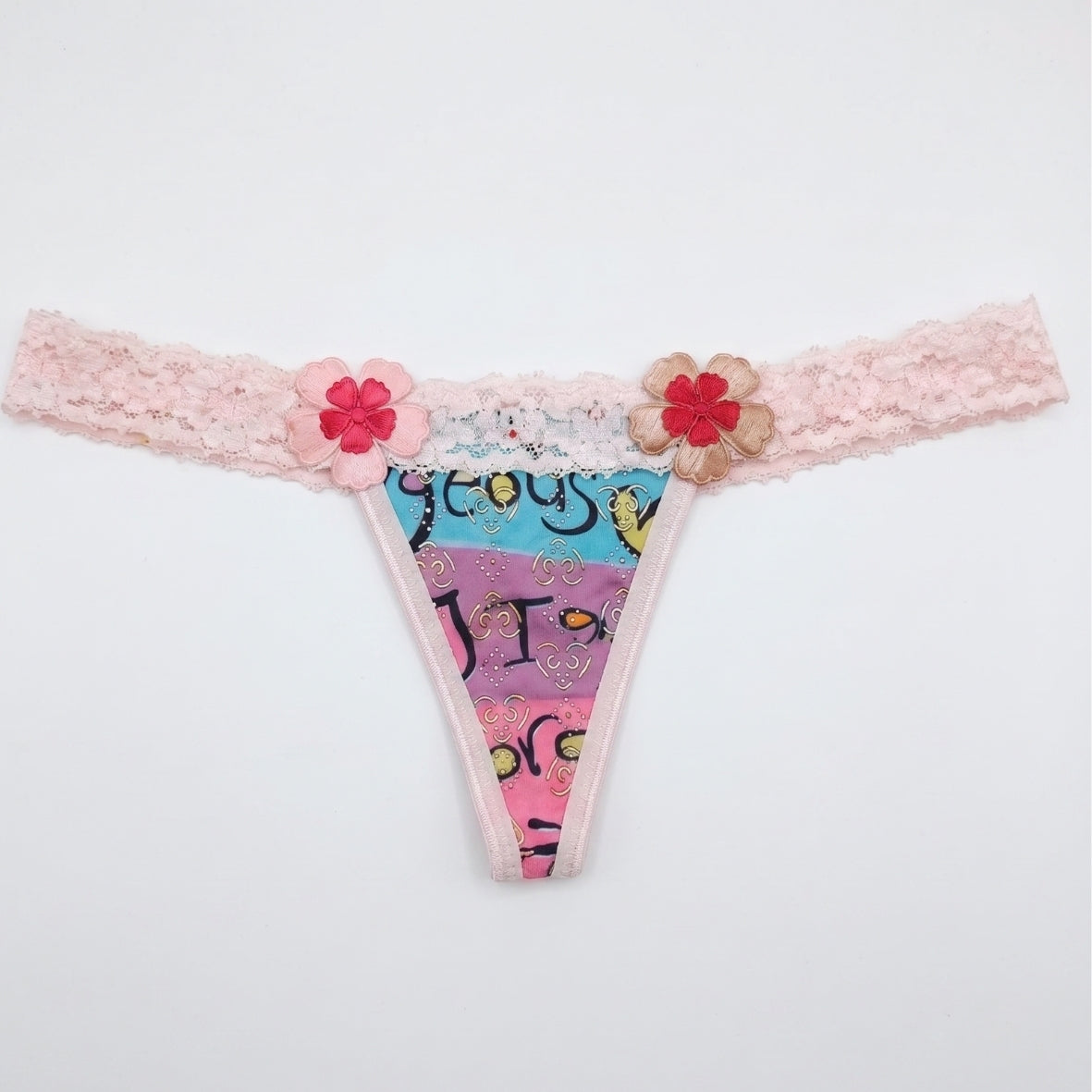 Women’s Floral Appliqué Lace Thong Underwear with Cotton Pane - Pink