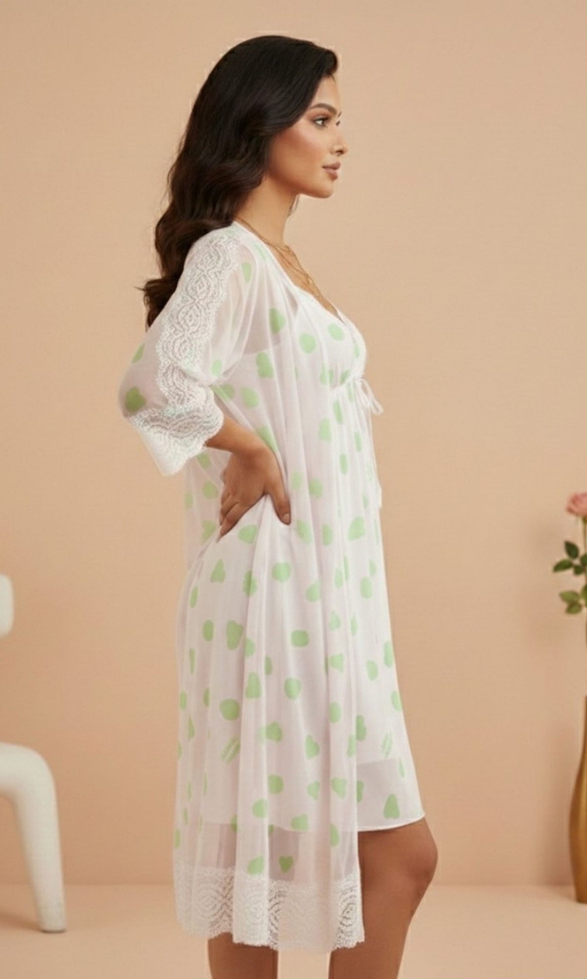 Off-White & Green Printed Night Gown Set