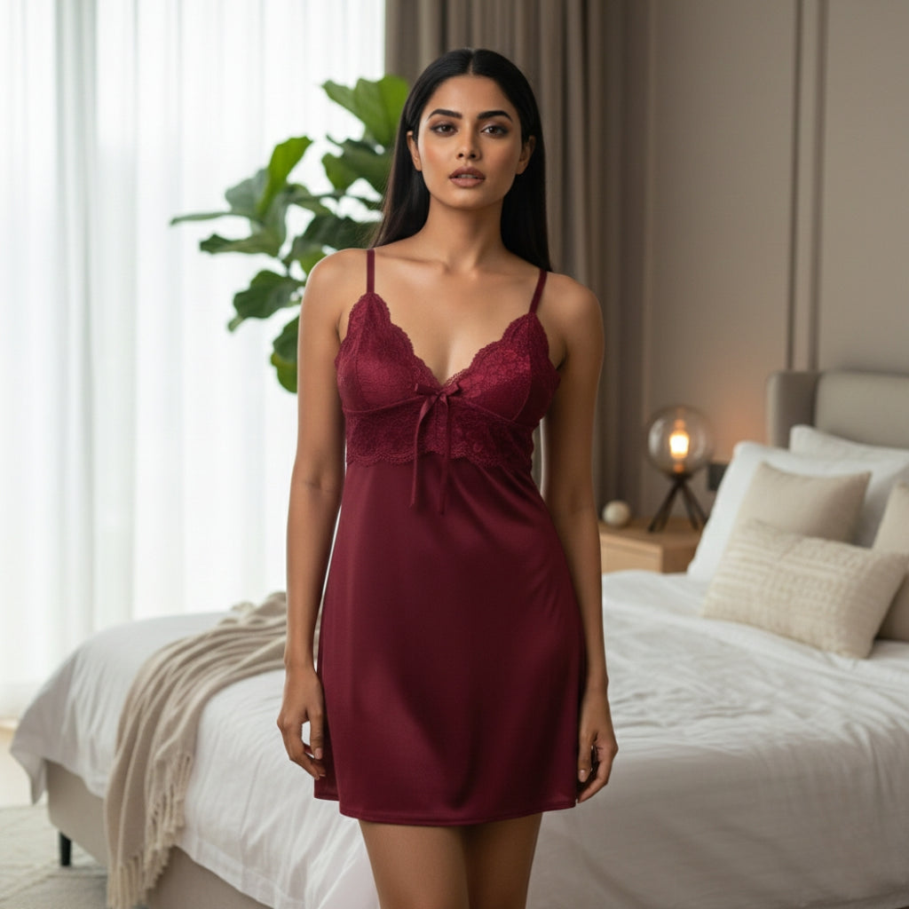 Maroon Scarlet V-Neck Lace Cotton Bridal Nighty