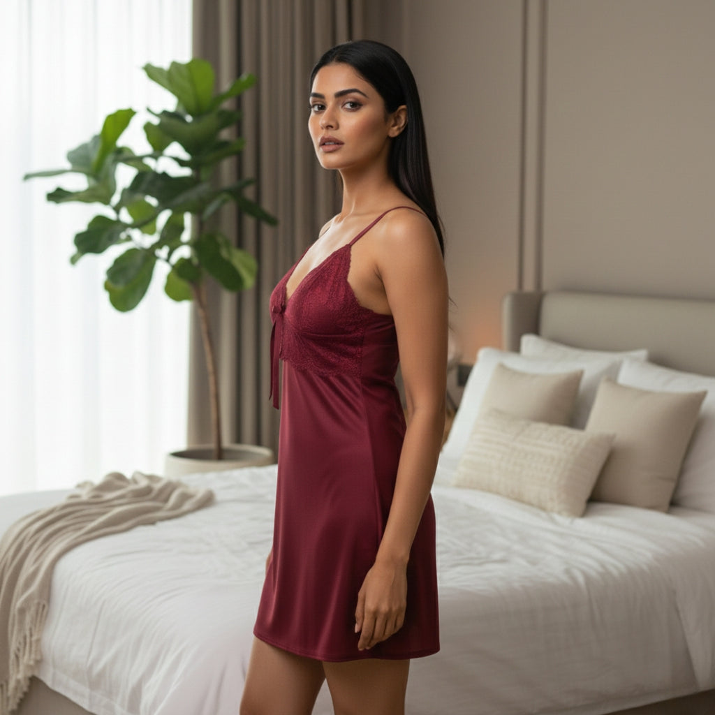 Maroon Scarlet V-Neck Lace Cotton Bridal Nighty